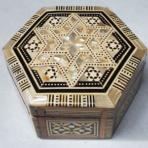 Vintage Damascus Trinket Box Handmade Jewelry Chest Inlaid Mother Pearl Hexagon